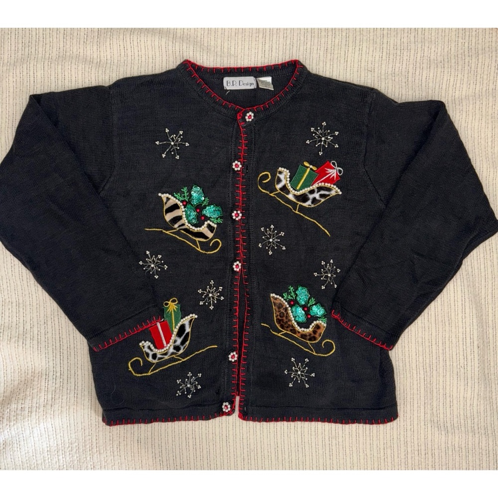 Vintage B.P. Design Christmas cardigan sweater with beaded and embroidered sleig